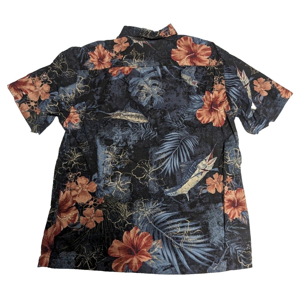 REEL LEGENDS Floral Swordfish Print Men Large Black Cotton Blend Hawaiian Shirt - Picture 2 of 15